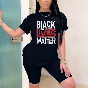 Black Polyester Letter Patchwork Print Short Sleev